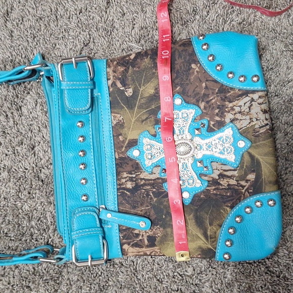 Faux leather and camouflage canvas studded rhinestone crossbody bag - teal/green - Picture 8 of 12